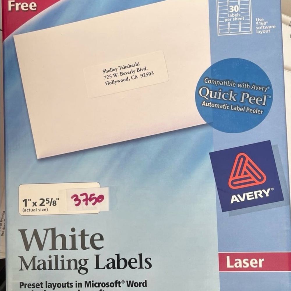 Avery 1" x 2-5/8" white mailing labels Opened box